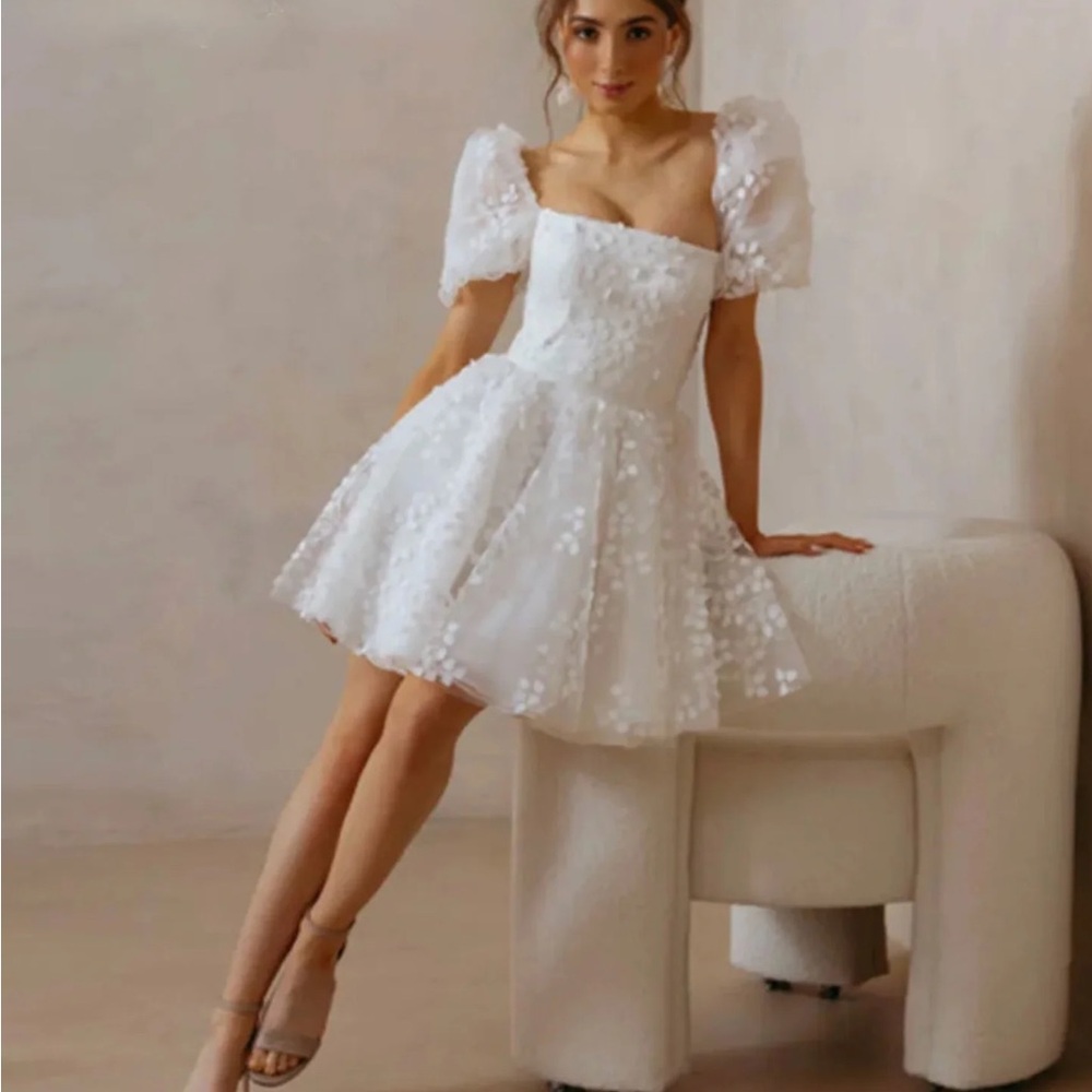 Camilla’s Bridal Lace Mini Wedding Dress Puff Sleeves